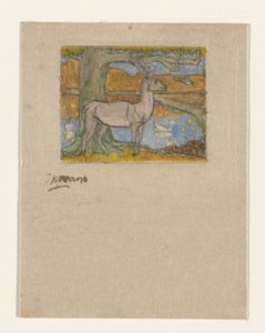 Hert bij een boom voor een vijver door Jan Toorop (signed by artist)