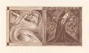 Omslag voor Wendingen met een non met bloemen en twee geesten, waarvan één met een masker in zijn hand door Jan Toorop
