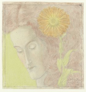 Vrouwenkop met rossig haar en chrysant