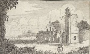 Landschap met een kerk in ruïnes en twee herders in gesprek door Jan Van de Velde