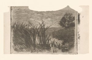 Landschap met water, riet en roeiboot door Jan Veth