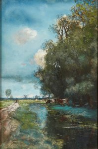 Vee dat drinkt in een Nederlands rivierlandschap