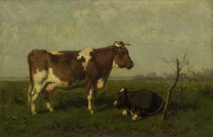 Een koe met haar kalf in een weide door Johannes Martinus Vrolijk