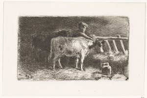 Boer tussen twee koeien bij een ruif in een stal (kleine variant) door Johannes Martinus Vrolijk