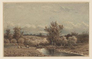 Landschap met rivier en koeien door Johannes Martinus Vrolijk