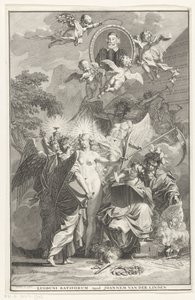 Allegorische titelpagina met het portret van schrijver Edward Simson Titelpagina voor: Edward Simson, Chronicon historiam catholicam complectens, 1729 door Jan Wandelaar