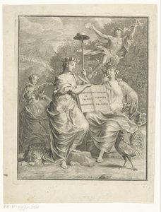 Personificaties van de Oostenrijkse Nederlanden en Frankrijk Titelpagina voor: François Halma, Het groot Fransch en Nederduitsch woordenboek, 1761 door Jan Wandelaar