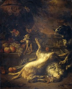 Een aap en een hond met dood wild en fruit door Jan Baptist Weenix