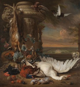 Jacht- en Fruitstilleven naast een Tuinvaas, met een Aap, Hond en twee Duiven, in de verte Rijksdorp bij Wassenaar, Zetel van Jacob Emmery, Baron van Wassenaar door Jan Baptist Weenix