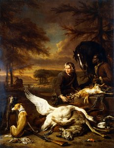 De Buit van een Jacht met een Jachtknecht en een Zwarte Page die een Vos vasthoudt, 1700