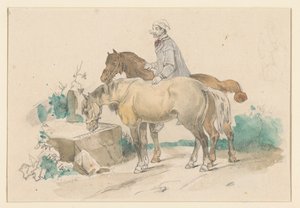Boer met twee paarden bij een trog met water door Jan Weissenbruch
