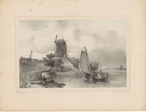 Gezicht op rivier met zeilboot en molen