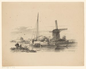 Gezicht op vaart met turfschuit en zeilboot