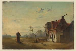 Landschap met boerenhuis en waterpomp