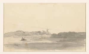 Weidelandschap met hooiwagen en windmolen