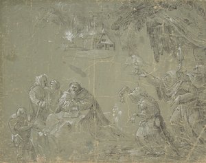 Verleiding van St. Antonius (recto), Fantastisch landschap (verso), ca. 1520 door Jan Wellens de Cock.