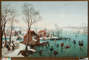 December, schaatsers op een bevroren meer door Jan Wildens