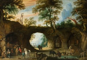 Jan Wildens - Bedevaartsoord in een rotslandschap door Jan Wildens