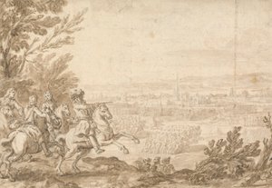 Commandant met assistenten te paard die een slag leiden door Jan Wyck