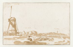 Gezicht op een molen vanaf de Rijnoever