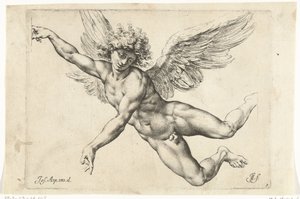 Studie voor een naakte, vliegende engel door Jan de Bisschop