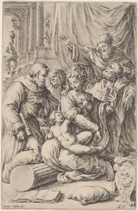 Heilige Familie met heiligen door Jan de Bisschop, after Giorgio Vasari