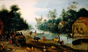 Een bebost rivierlandschap in de zomer met reizigers die bij een herberg aankomen door Jan the Elder (circle of) Brueghel