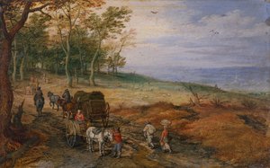 Een bebost landschap met reizigers
