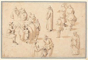 Een fontein in Spa met studies van elegante figuren die het water nemen en van twee monniken en een priester door Jan the Elder Brueghel