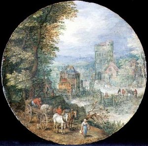 Een uitgestrekt bebost landschap met stad, molen en boeren