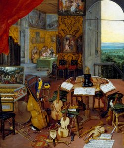 Detail gehoor met muziekinstrumenten (cello, viool, luit, fluit, klavecimbel). door Jan the Elder Brueghel