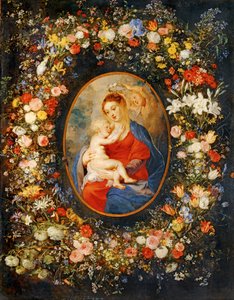 De Maagd, het kind Jezus en engelen te midden van een bloemenkrans. Rubens medaillon ... door Jan the Elder Brueghel