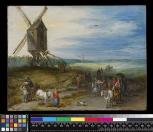 Landschap met molen en karren, ca. 1611
