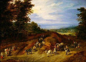 Landschap met boeren, karren en dieren