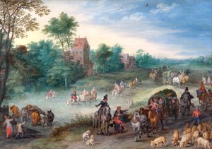 Reizigers op een Landweg, met Vee en Varkens door Jan the Elder Brueghel