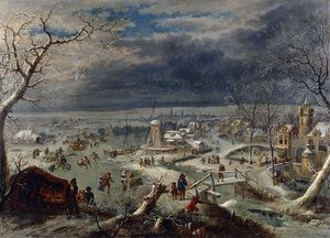 Een Winterlandschap met Schaatsers op een Bevroren Waterweg bij een Dorp, een Jager op de Voorgrond, Antwerpen op de Achtergrond