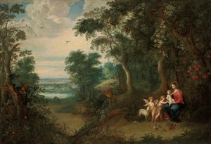 Een boslandschap met de Maagd en Kind, de jonge Johannes de Doper en een engel