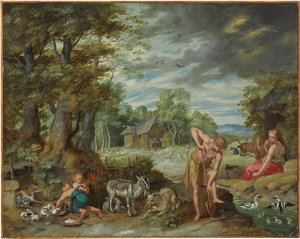 Adam aan het werk in een veld, uit Het verhaal van Adam en Eva
