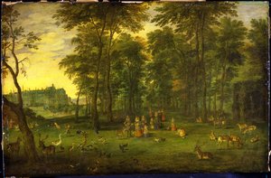 Aartshertog Albrecht VII van Oostenrijk en Aartshertogin Isabella Clara Eugenia wandelend in het park van het koninklijk kasteel in Brussel, 1621
