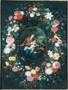 Het mystieke huwelijk van St. Catharina in een landschap, omgeven door een bloemenkrans