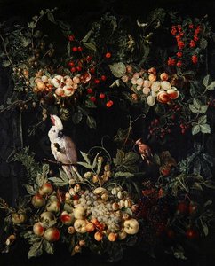 Guirlandes van fruit met bloemen rond een cartouche met een zwavelkuifkaketoe door Jan van (attr. to) Kessel