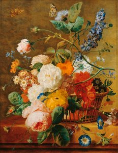Bloemenmand met sokkel op parkachtergrond - Een mand ... door Jan van (follower of) Huysum