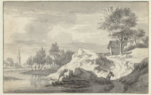 Landschap met figuren die hout hakken aan de oever van een rivier door Jan van Aken