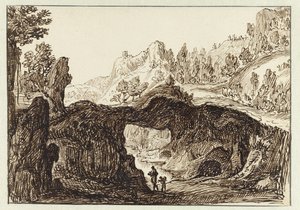 Rotsachtig berglandschap met op de voorgrond twee reizigers