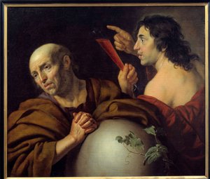 Heraclitus en Democritus De Griekse filosofen Heraclitus van Ephese (Heraclitus) (535-475 v.Chr.) en Democritus (Democritus) (460-370 v.Chr.). Schilderij door Jan van Bijlert (1597-1671) 17e eeuw Utrecht. Centraal Museum door Jan van Bijlert or Bylert