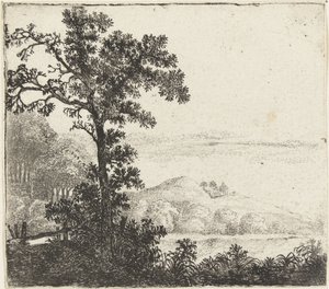 Landschap met boom bij een rivieroever door Jan van Brosterhuyzen