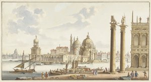 Gezicht op de Sta. Maria della Salute vanaf het S. Marcoplein te Venetië door Jan van Call (I)
