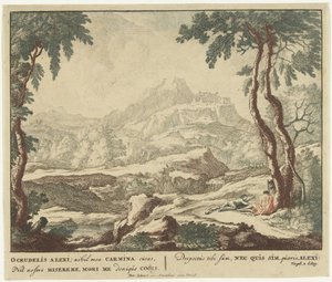 Landschap met twee herders bij een boom