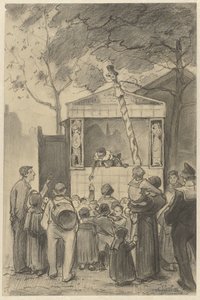 Toeschouwers voor een poppenkast door Jan van Essen (possibly)