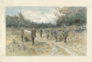Landschap met groep jagers na de jacht op de Leusderhei door Jan van Essen